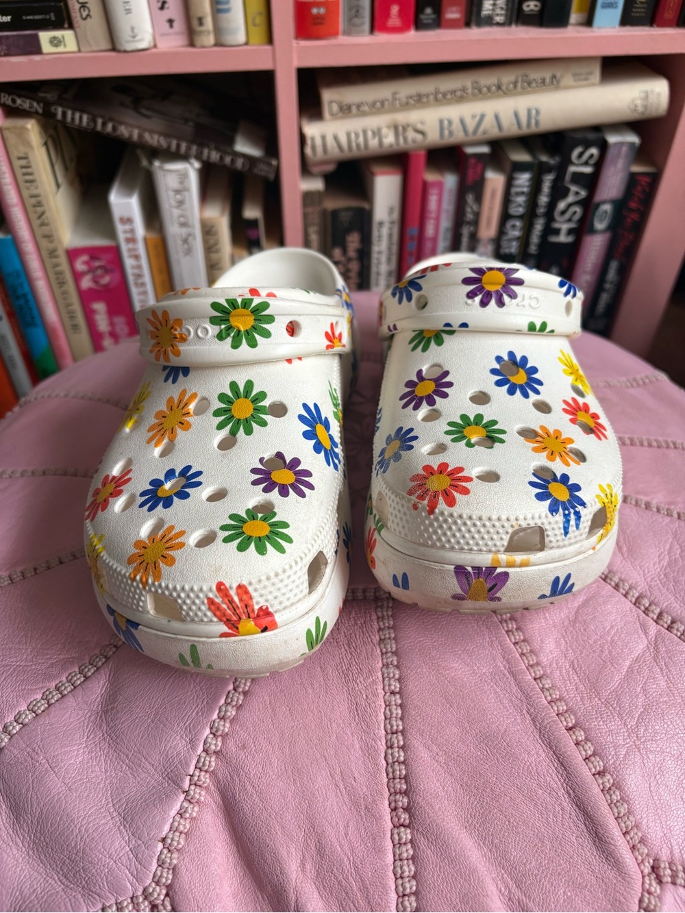 W8 Crocs Classic Clog - White with Multicolor Floral Print